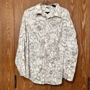 Talbots Woman 18W White Floral Print Long Sleeve Button Down Wrinkle Resist